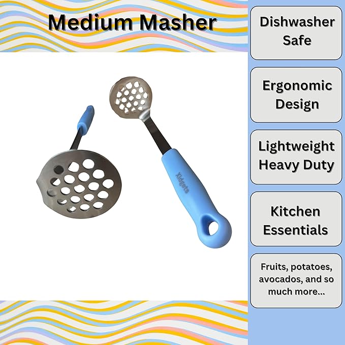 Medium Small Potato masher Egg & Avocado Masher. Sturdy design, comfortable grip, Dishwasher Safe. Stainless steel, lightweight kitchen essential. (Sky Blue)