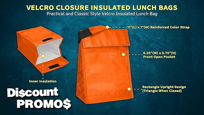 DISCOUNT PROMOS 10 Hook and Loop Insulated Lunch Bags Set - Polyester, Durable, Vibrant, Reusable - Orange
