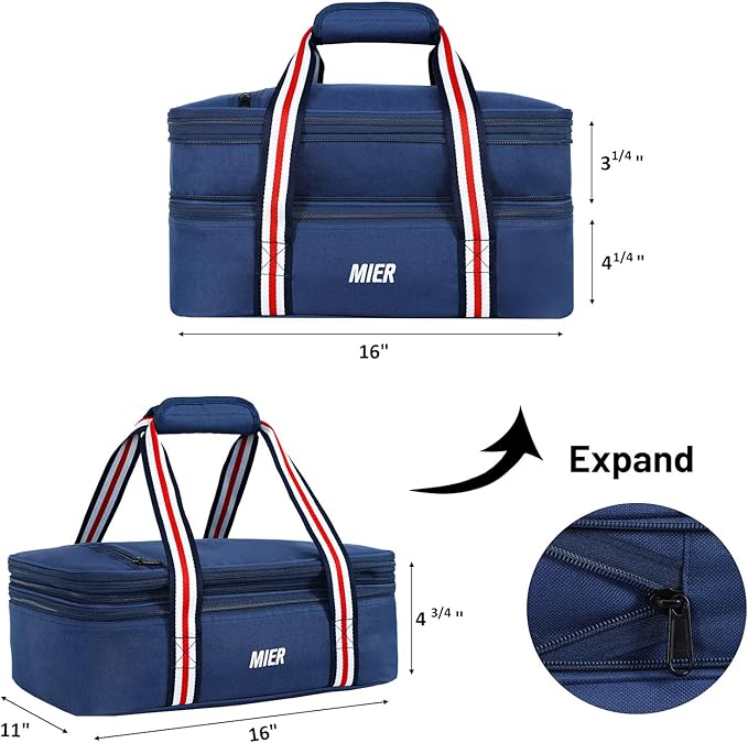 MIER Insulated Double Casserole Carrier Thermal Lunch Tote for Potluck Parties, Picnic, Beach, Fits 9 x 13 Inches Casserole Dish, Expandable by Mid Zipper, Navy
