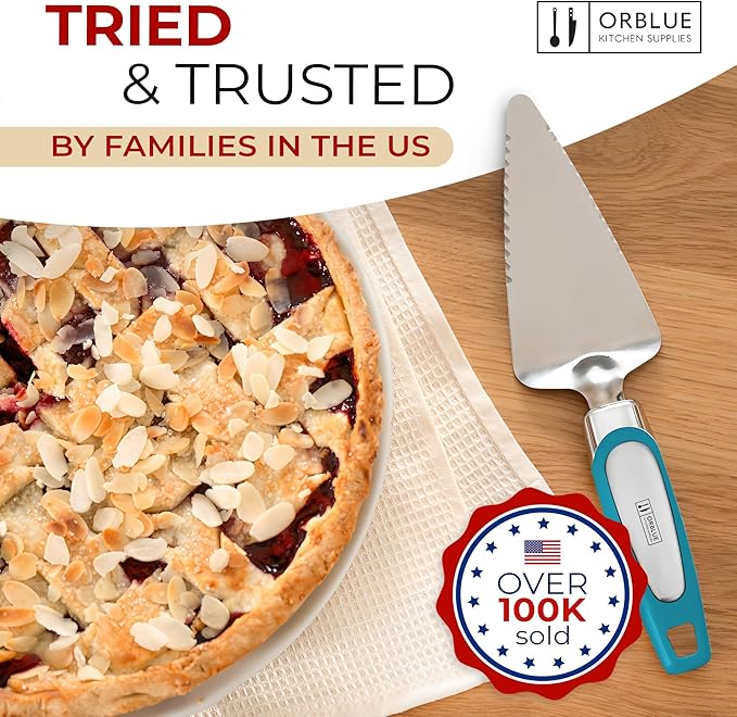 Orblue Pie Server, Essential Kitchen Tool, Serrated on Both Sides, Great for Right or Left Handed Chef, Stainless Steel Flatware, Cake Cutter, Blue