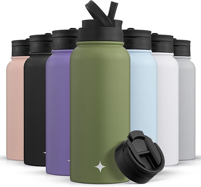 JoyJolt Triple Insulated Water Bottle with Straw Lid AND Flip Lid! 32oz Large 12 Hour Hot/Cold Vacuum Insulated Stainless Steel Bottle. BPA-Free Leakproof Thermos Bottle