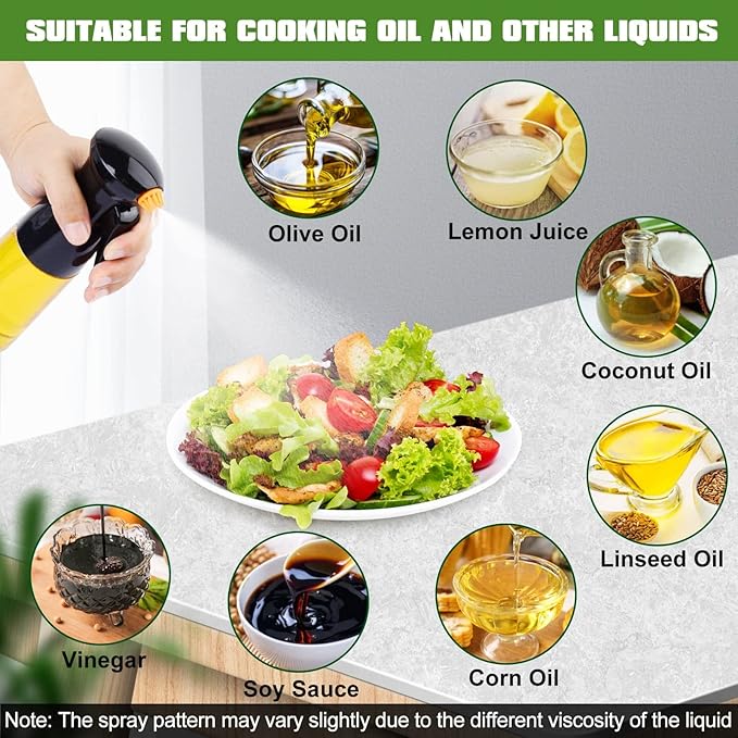 Oil Sprayer for Cooking, Upgraded Olive Sprayer Bottle, Air Fryer Accessories, Mister Vinegar Spritzer, Kitchen Gadgets for Salad, BBQ, Roasting (7oz/200ml, Black)