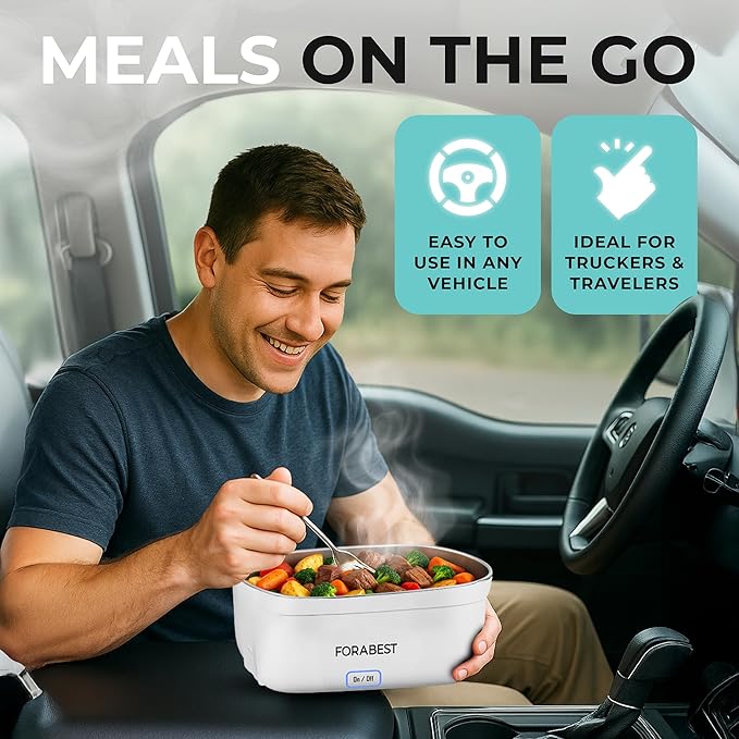 FORABEST Heated Lunch Box, 80W Electric Lunch Box for Adults, Portable Food Warmer with 1.5L Stainless Steel Container, Utensils & Carry Bag, On/Off Switch, 12V/24V Car/Truck & 110/120V Home/Office
