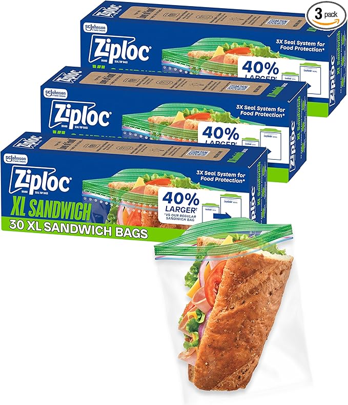 Ziploc XL Sandwich and Snack Bags with EasyGuide Texture, Plastic Storage Bags with Grip 'n Seal Technology, 90 Bags Total