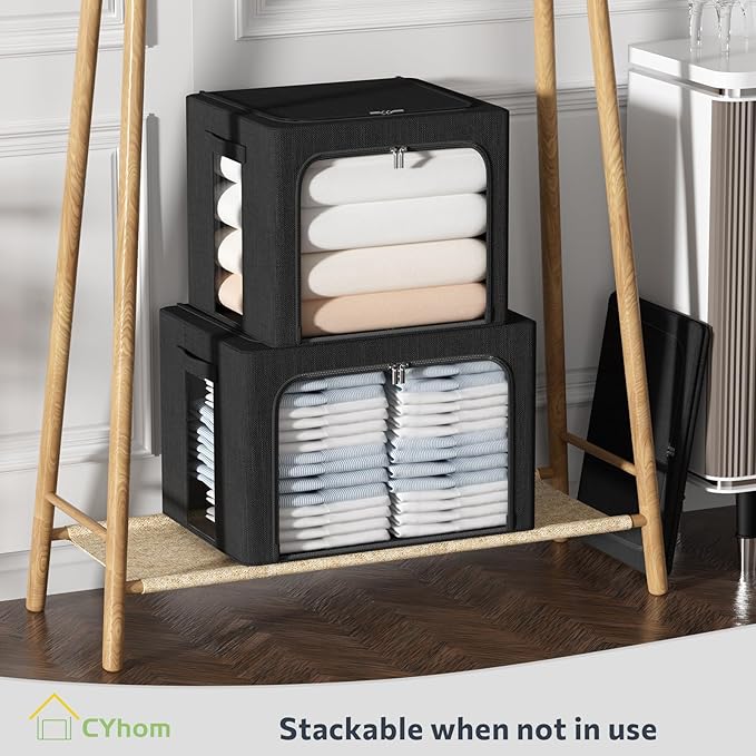 Extra Large Clothes Storage Bins Box - Linen Fabric Foldable Stackable Container Organizer Set with Clear Window & Carry Handles & Metal Frame (Black, Extra Large-100L)