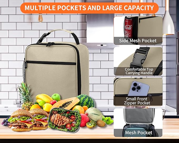 Lunch Box for Men - Reusable Lunch Bag Men Adult Women- Insulated Small LunchBox (Beige)