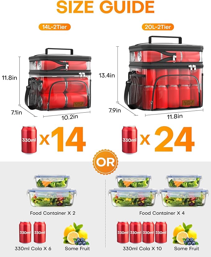 HOTOR Insulated Lunch Box for Men & Women - Leak-Proof Cooler Lunch Bag with 4 Pockets, Adjustable Strap, Ideal for Work, Picnic, Travel - Black, 2 Layers, Medium, 10.24"×7.09"×11.81"