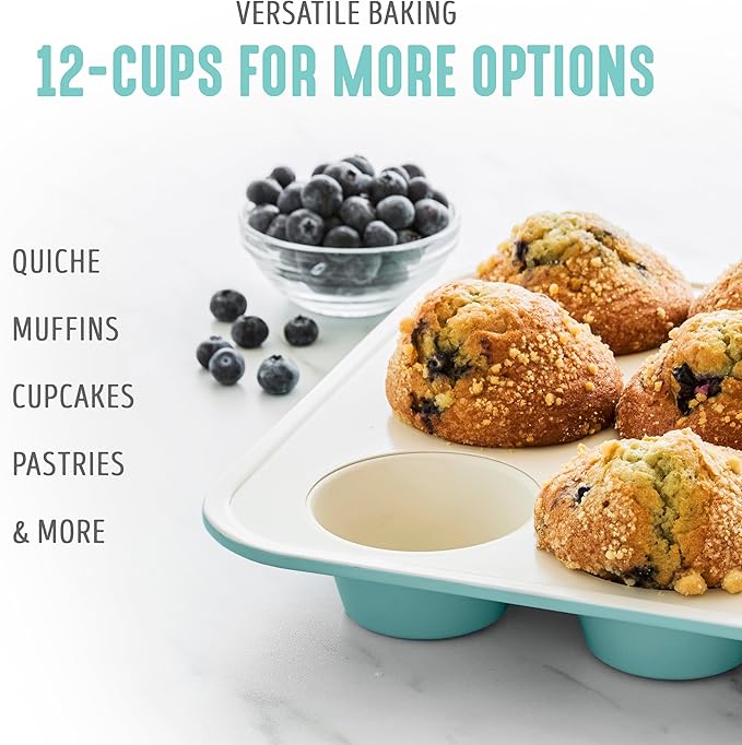 GreenLife 12-Cup Muffin Pan, PFAS-Free Healthy Nonstick Baking Tray, 11.4" x 1.9" x 15.9", Durable Ceramic Bakeware, Cupcakes, Egg Bites, Tarts, Brownies, Turquoise