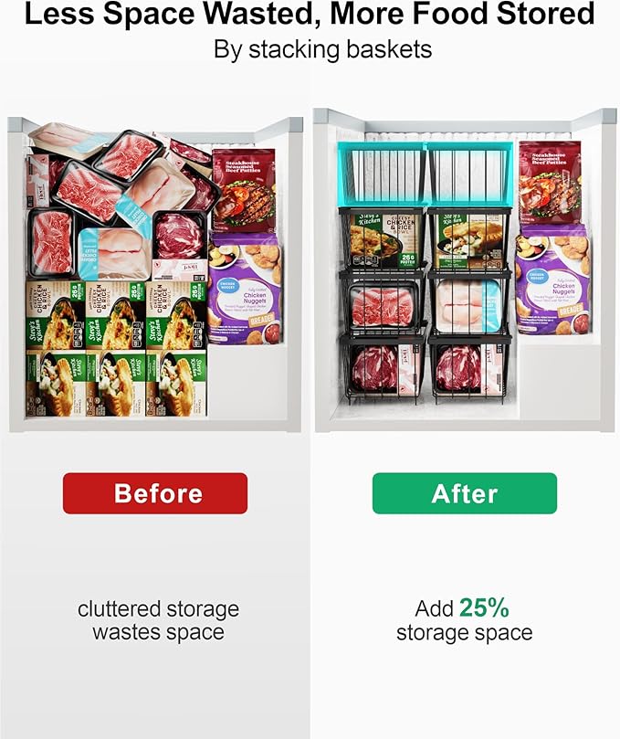iSPECLE Freezer Organizer Bins - 4 Pack Small Stackable Deep, Bins for 7 Cu.Ft, Easy Get Bottom Foods without Digging, Chest Freezer Organizer Prevent Frozen Food Waste, Black