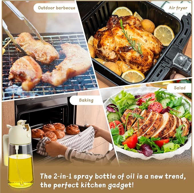 Oil Sprayer for Cooking 2pcs,2 in 1 Oil Dispenser and Oils Sprayer Kitchen Gadgets-16oz Glass Oils Spray Bottle,Mist Olive OilDispenser,Air Fryer,Salad,Grill (White Kitchen Accessories)