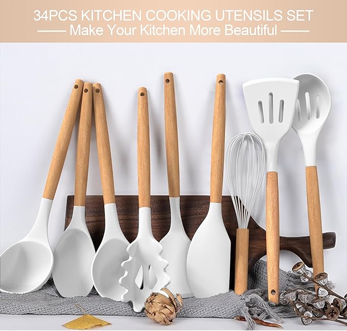 Silicone Cooking Utensils Set, 43Pcs Non-Stick Heat Resistant Kitchen Utensils Spatula Set with Wooden Handle for Baking, Cooking, and Mixing, Best Kitchen Gadgets Tools with Holder (White)