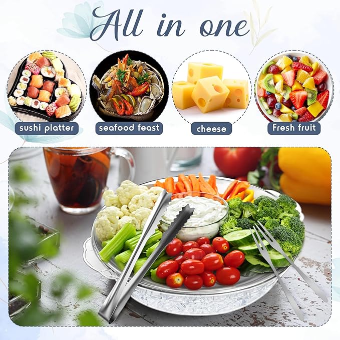 Baderke 2 Sets 11.8" Chilled Serving Tray for Parties Round Iced Platter with Ice Underneath Stainless Steel Clip Fruit Fork Shrimp Cocktail Serving Dish for Oysters Crawfish Fruits (Original)