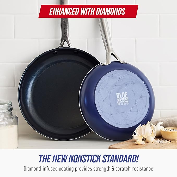 Blue Diamond 9.5” & 11" Nonstick Frying Pan Skillet Set, Diamond Infused PFAS & PTFE-Free Ceramic Pots & Pans, Dishwasher & Oven Safe, Stay Cool Handles, Durable Non Toxic Metal Utensil Safe, Blue
