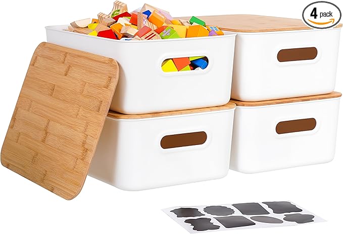 Citylife 4 PCS Storage Bins with Lids Plastic Storage Containers for Organizing Stackable Storage Box with Handle, 15.16 x 10.79 x 5.83 inch (White, 4 PCS-Large)