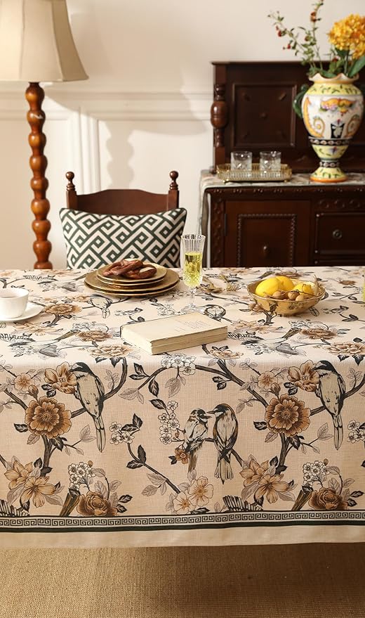 ISAENNE Designer Vintage Linen Extra Long Tablecloth Rectangle,Floral and Bird Pattern Elegant Table Cloth,Fall Wrinkle Resistant Decor Tablecloths for Dining Kitchen Christmas,67"*118"-Murad A