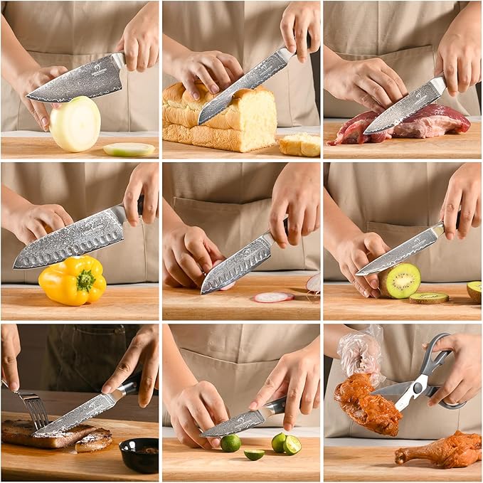 NF NANFANG BROTHERS Damascus Kitchen Knife Set, 16-Piece with Block, ABS Ergonomic Handle, Carving Fork, Disconnect-type Knife Block (Gray)