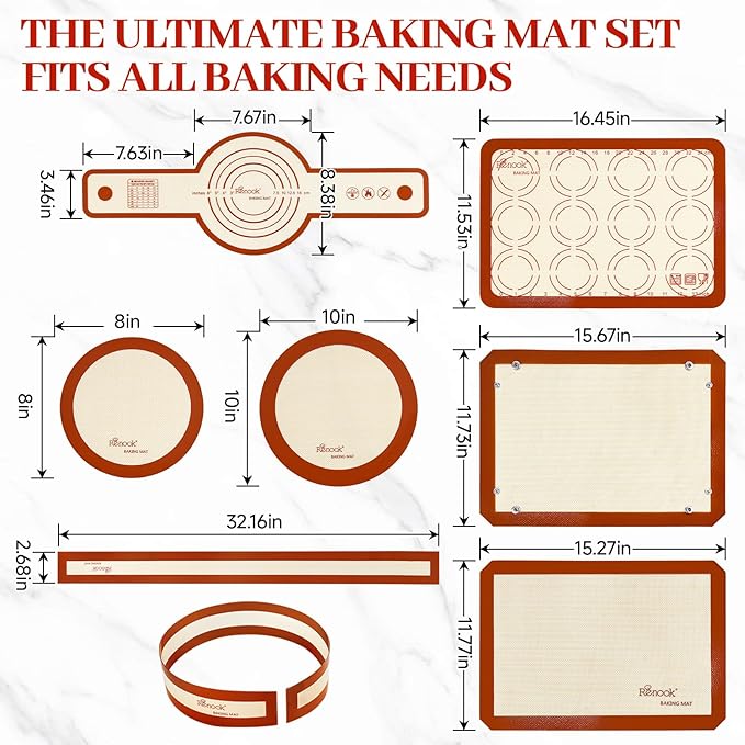 Silicone Baking Mats Set of 6, Silicone Bread Sling for Dutch Oven, Non-Stick Reusable Baking Mat, Slip Oven Liner Sheet, Round & Rectangle Baking Mat for Macaron, Pastry, Cookie, Sourdough Bread