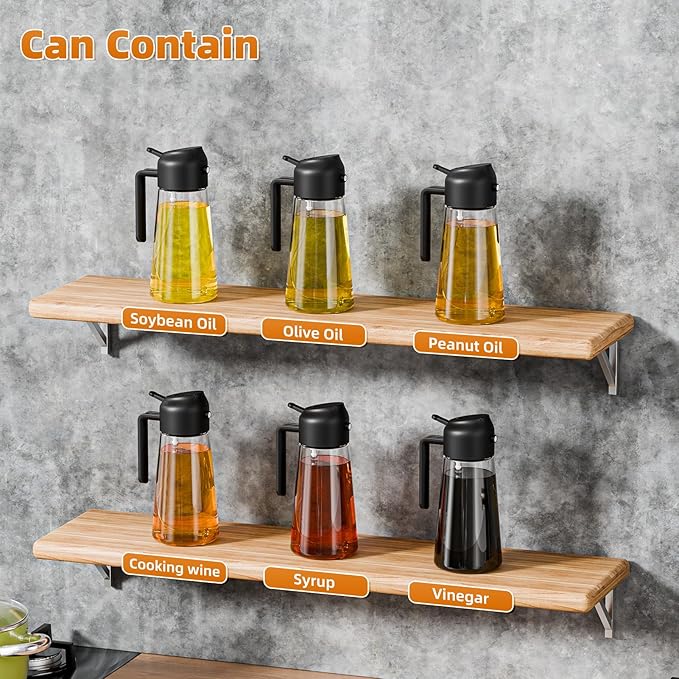 Marbrasse Oil Dispenser for Kitchen,20 OZ /600ml Leakproof Glass Oil Bottle Olive Oil Container with Auto Flip Cap for Kitchen Cooking (Black)