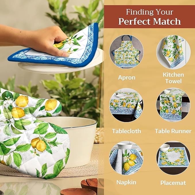 Maison d' Hermine 100% Cotton Oven Mitt & Pot Holder Set (7.5"x13" & 8"x8") Heat Resistant BBQ Cooking Gloves with Loop, Baking, Grilling, Kitchen, Handling Hot Pans Spring/Summer (Cedrat)