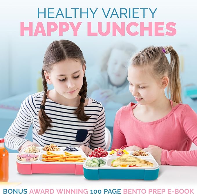 6 Compartment Lunch Boxes. Bento Box Lunchbox Containers for Kids, Boys Girls Adult. BPA-Free Microwave Safe School Bentobox Meal Planning Portion Container. Leakproof. Set of 2 Blue & Pink Kits