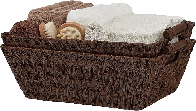 GRANNY SAYS 2-Pack Wicker Storage Baskets, Large Baskets with Handles, Wicker Baskets for Shelves, Waterproof Woven Basket for Organizing, Brown