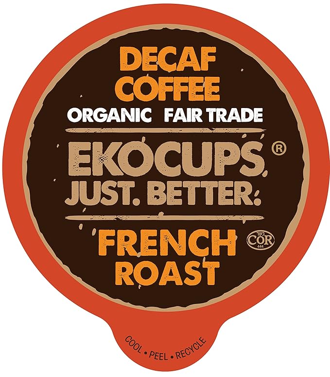 EKOCUPS Organic Swiss Water Decaf French Roast Coffee Pods, Extra 30% More Coffee Per Cup, Artisan Fair Trade Dark Roast, for Keurig K Cup Machines, Recyclable Pods, 40 Count