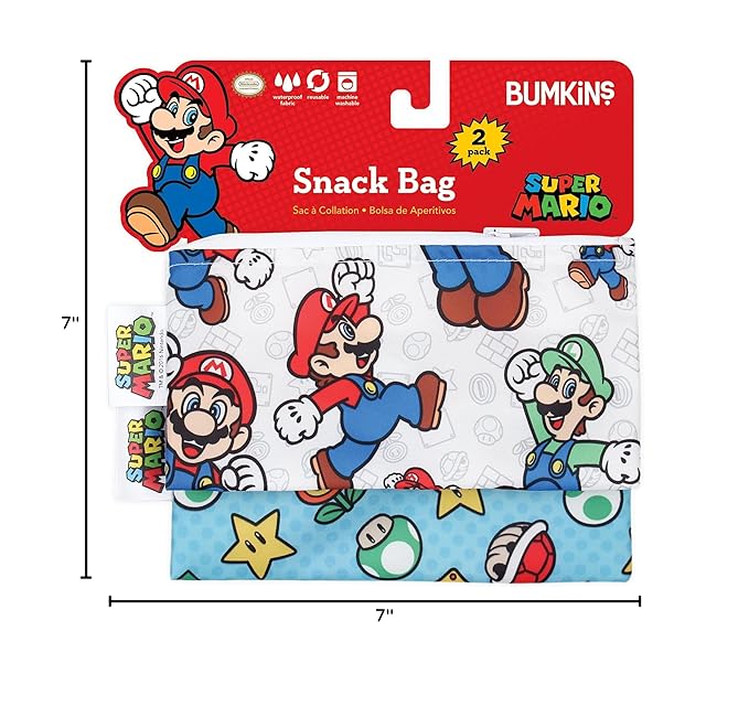 Bumkins Nintendo Reusable Snack Bags, for Kids School Lunch and for Adults Portion, Washable Fabric, Waterproof Cloth Zip Bag, Supplies Travel Pouch, Food-Safe, 2-pk Super Mario
