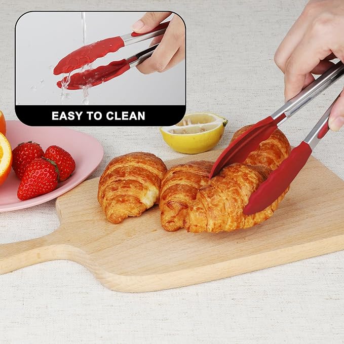 Hotec Mini Silicone Kitchen Tongs for Cooking - 7-Inch Small Serving Tongs with Silicone Tips, Set of 3 (Red)