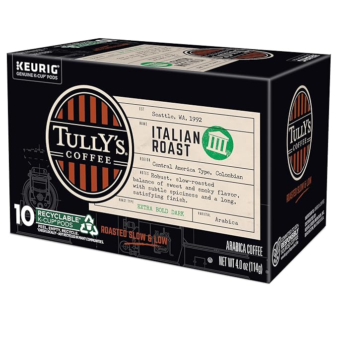 Tully's Coffee Italian Roast, Keurig Single-Serve K-Cup Pods, Dark Roast Coffee, 60 Count (6 Packs of 10)