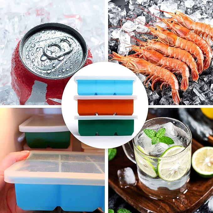 Silicone Ice Cube Trays 3 Pack - Large Size Silicone Ice Cube Molds with Leak Proof Removable Lid Square Ice Cube Tray And BPA Free for Cocktail,Whiskey, Stackable Flexible Ice