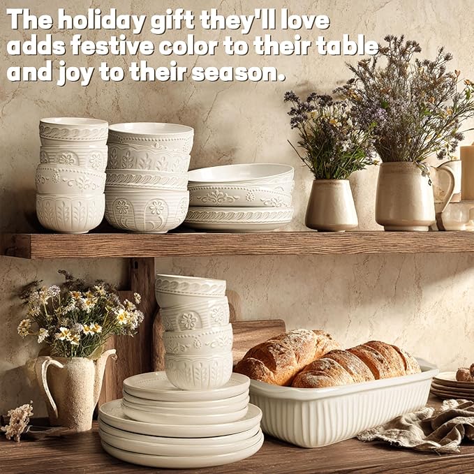 Artena Small Bowls Set of 4, 12 oz Ceramic Embossment Dessert Bowls, white Bowl for Kitchen, Ice Cream, Side Dishes, Rice, Cereal, Fruit, 4.5 Inch, Microwave & Dishwasher Safe, Damask Floral