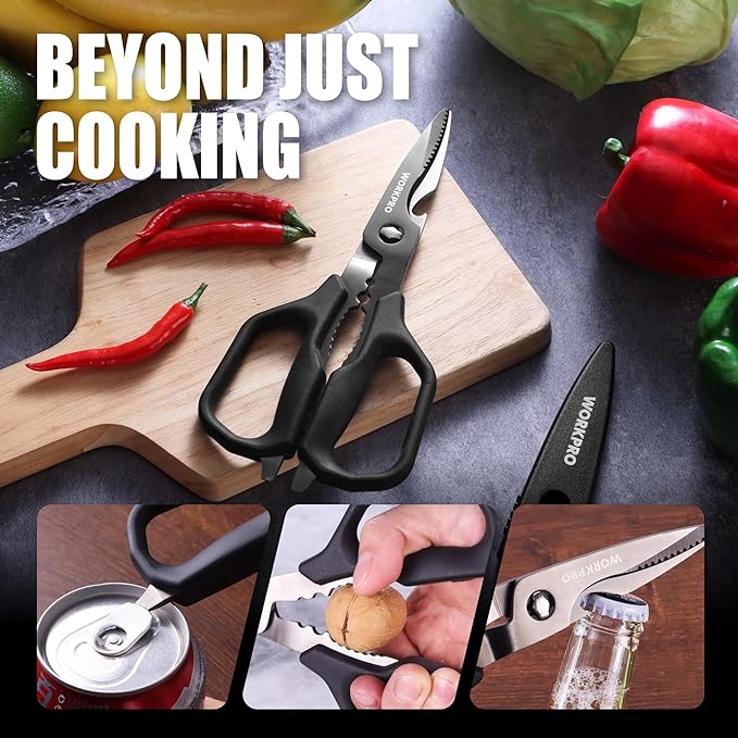 WORKPRO Kitchen Scissors, All Purpose Kitchen Shears with Detachable Titanium Coated Blades for Easy Cleaning, Heavy Duty Scissors for Meat, Fish, Nuts, Vegetables, Protective Cover Included