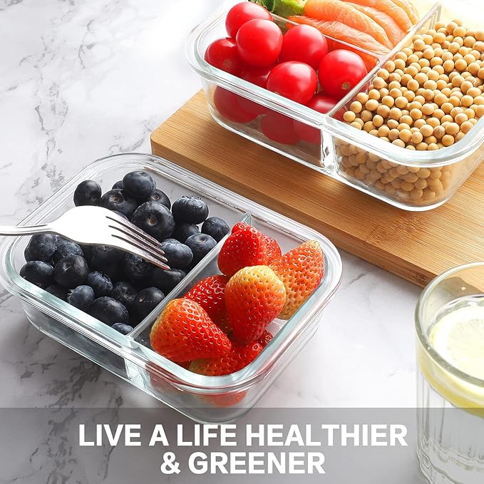 Bayco 9 Pack Glass Meal Prep Containers - 3, 2 & 1 Compartment Glass Food Storage Containers with Lids, Airtight & Leak Proof BPA-Free Lunch Bento Boxes - Grey