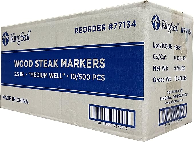 KingSeal 500 Count 3.5 Inch Natural Birch Wood Steak Markers, Heat Stamped, MED Well, Eco-Friendly, Bulk Pack - 500 Count Per Box