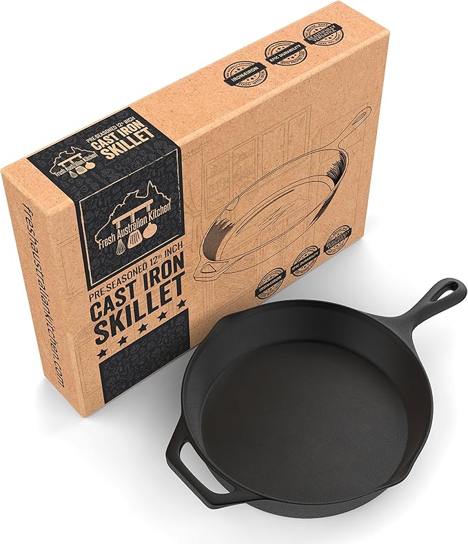 Fresh Australian Kitchen 12" Cast Iron Skillets Nonstick - Pre Seasoned Frying Pan Cookware Pan for Cooking