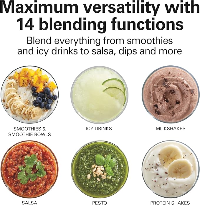 Hamilton Beach Wave Crusher Blender For Smoothies With 40 Oz Glass Jar and 14 Functions, Ice Sabre Blades & 700 Watts for Consistently Smooth Results, Black + Stainless Steel (54221)