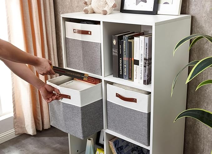 DECOMOMO Kallax Storage Cubes - 13x15x13 Storage Bins, Baskets for Organizing Shelves (Grey and White, 4-Pack)