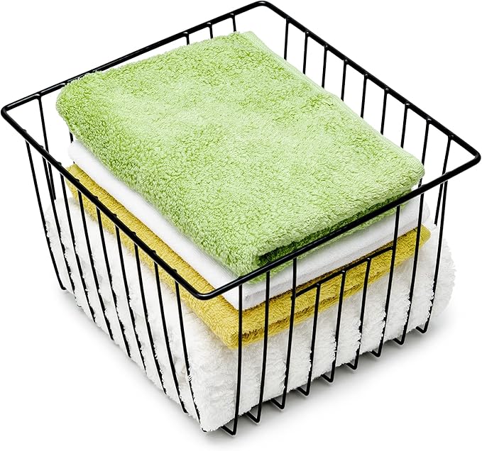 SANNO Freezer Storage Baskets, Pantry Storage Wire Basket Organizer Bins Refrigerator Bin with Built-in Handles for Cabinets, Pantry, Closets, Bedrooms - Set of 4 Black, Black,11"x 10"