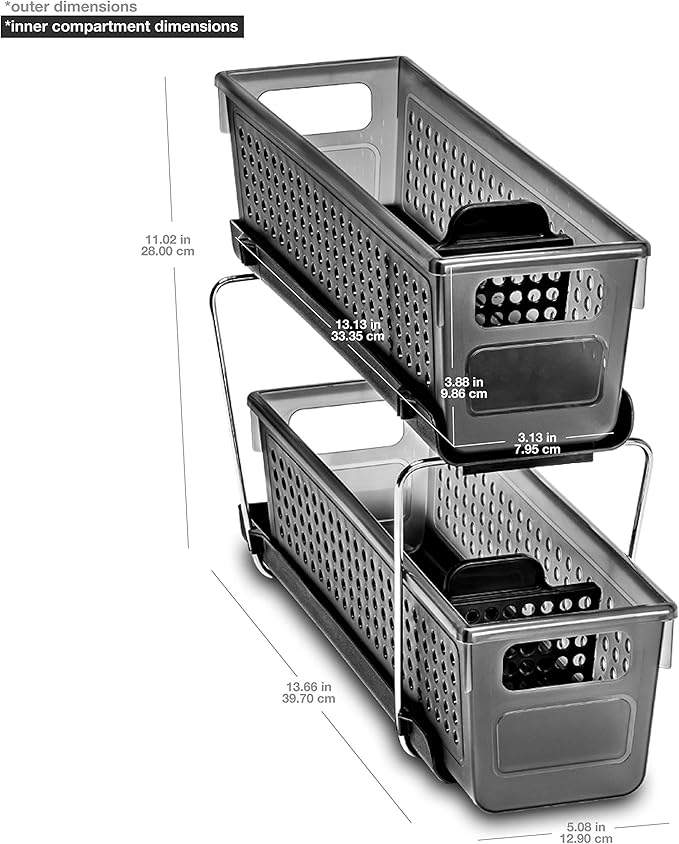 Madesmart 2-Tier Plastic Mini Multipurpose Organizer with Divided Slide-Out Storage Bins, Compact Under Sink and Cabinet Organizer Rack, Carbon