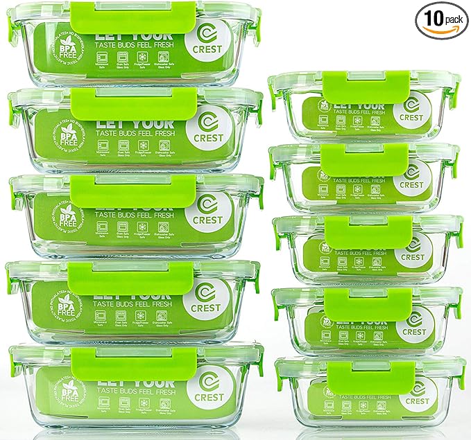 C CREST Glass Containers for Food Storage with Lids, [10-Pack] Meal Prep Containers for Kitchen, Home Use, BPA Free
