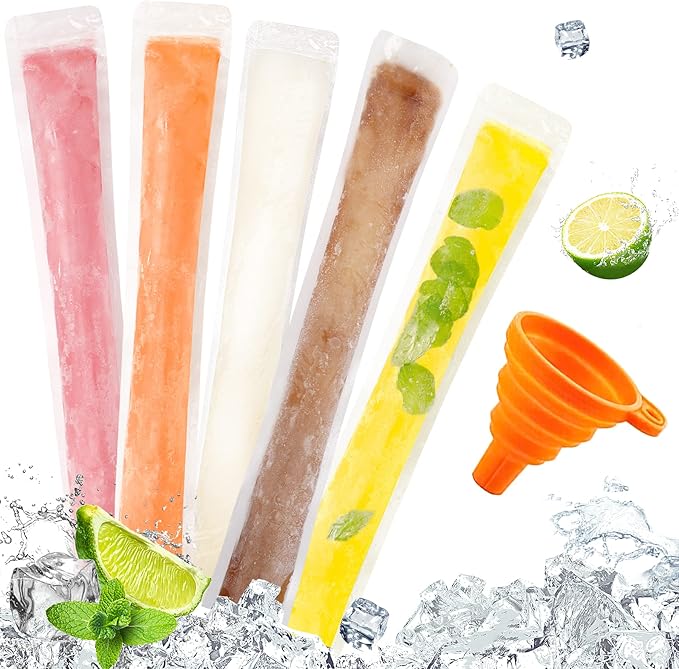 FEBSNOW 120 Disposable Ice Popsicle Mold Bags Freezer Tubes With Zip Seals For Healthy Snacks,Yogurt Sticks,Juice & Fruit Smoothies,Ice Candy Pops Comes With A Funnel (11"x2")