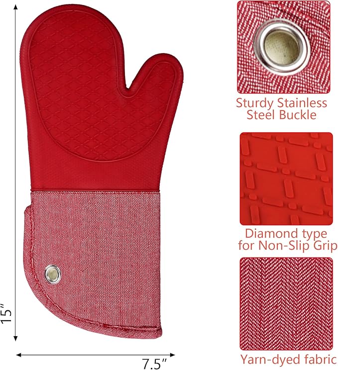 Professional Microwave Silicone Oven Mitts one Pair, Kitchen Mitten Set for Heat Resistant with 500 Degrees, Kitchen Gloves Pot Holder for BBQ Cooking Baking (Red)