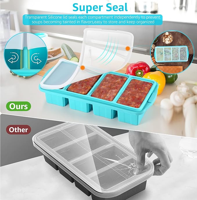 Silicone Freezer Tray With Lid - Silicone Freezer Food Molds- Large Ice Cube Tray,Silicone Freezer Container,Freeze & Store Soup, Sauce, Broth,Leftovers - Makes 4 Perfect 1 Cup