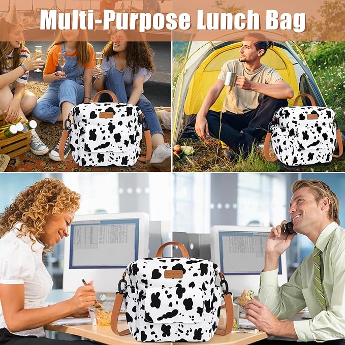 Joymee Lunch Bag Women Insulated Lunch Box Reusable Leakproof Large Spacious Cooler Tote for Women Men Adult with Bottle Holder and Side Pockets for Work Office Travel Picnic -08 Cow