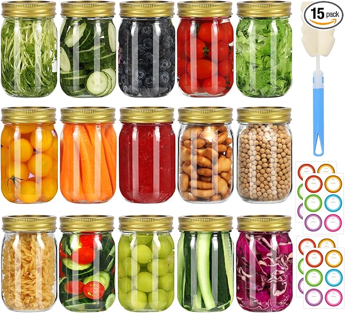 Glass Mason Jars with Gold Lids and Bands 16 oz - 15 Pack Regular Mouth Canning Jars for Food Storage, Pickling, Meal Prep, Overnight Oats, Dry Food & DIY Crafts - Includes 24 Stickers & Brush