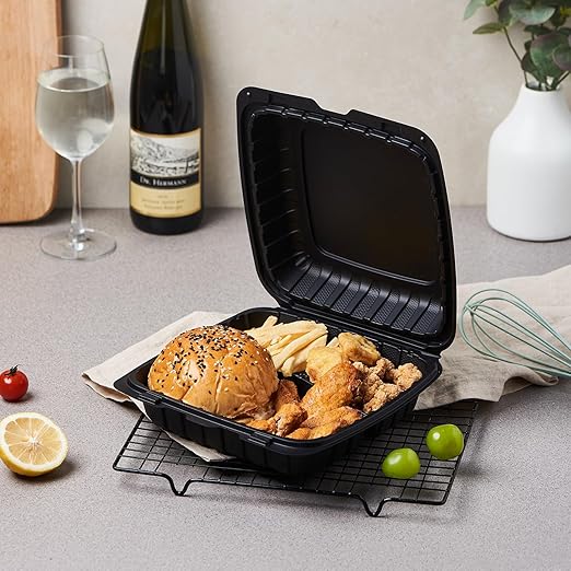 FULING 9X9 3-Compartment 50-Pack Plastic Clamshell Takeout Food Trays Heavy Duty Togo Disposable Box For Pasta Salad Sandwich Carryout Hinged Containers With Secure Snap Lid