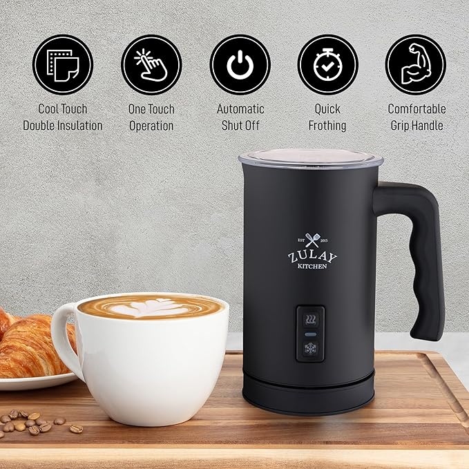Zulay 4-in-1 Milk Frother & Steamer – Hot & Cold Foam Maker, Milk Warmer & Chocolate Stir – Automatic Temp Control, Nonstick Double-Wall Stainless Steel Jug, Auto Shut Off, 360° Base – Aero Black