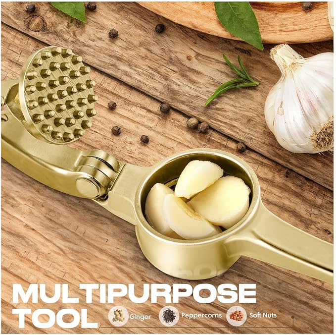Kitchen Garlic Press, Rust Proof & Dishwasher Safe Garlic Mincer, Durable Garlic Crusher Set with Peeler＆Brush, Easy to Clean and Squeeze, Gold