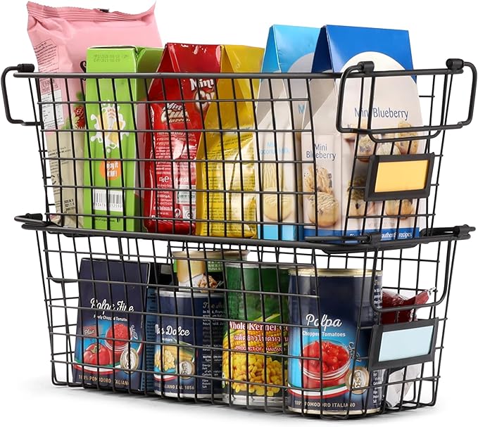 4 Pack [ XL Large ] STACKABLE Wire Baskets for Organizing - Pantry Storage and Organization Metal Bins for Produce, Food, Fruit - Kitchen Bathroom Closet Cabinet, Countertop, Under Sink Organizer