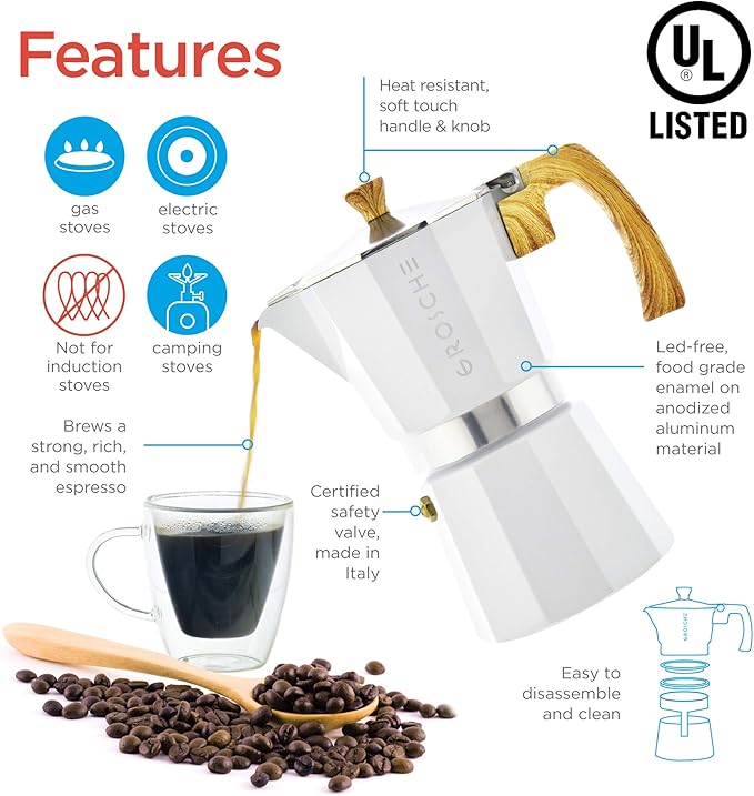 GROSCHE White Milano Stovetop Espresso Maker, 6 Cup – Premium Italian Coffee Maker, Classic Design, Durable Aluminum, Ideal for Coffee Lovers, Holiday Coffee Gift, Espresso Maker for Home Baristas